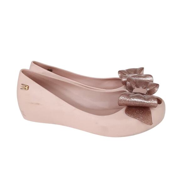 Mini Melissa Girls 12 UltraGel Bow Flats Rose Gold Glitter Ballet Flats Pink - Picture 4 of 11